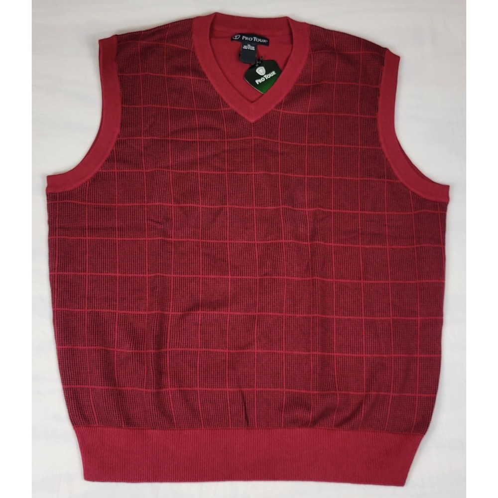 Pro Tour Golf Sweater Vest Mens XL Biking Red Cotton V-Neck Windowpane ZCFG0188